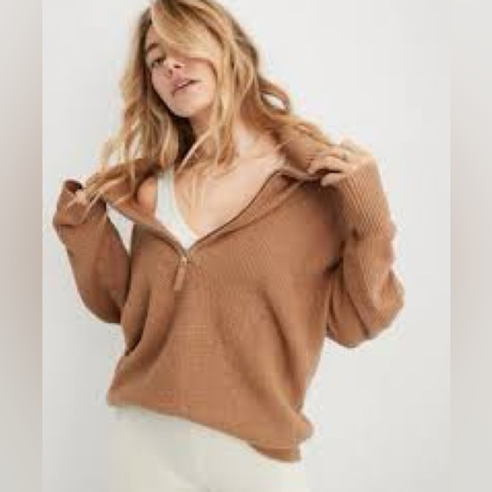 🧸Aerie CozyUp Waffle Knit Quarter Zip Sweater – Brown, Size Small🧸